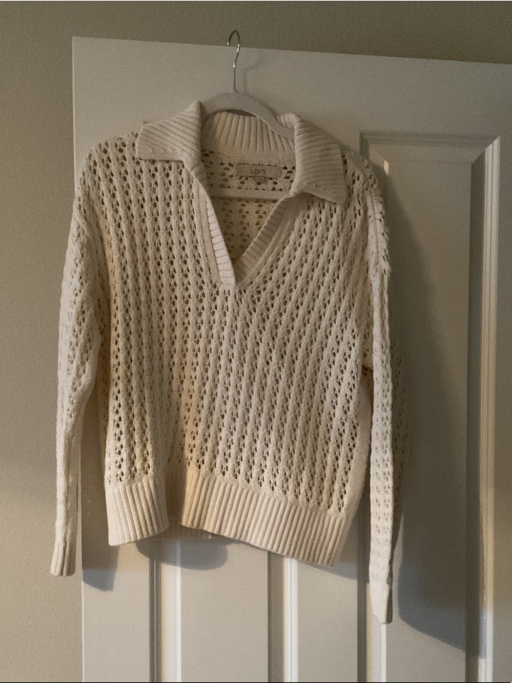 LOFT Cream Open Weave Collared V-Neck Pullover